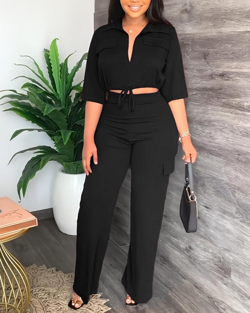 

Flap Detail Drawstring Top & Pants Set, Black