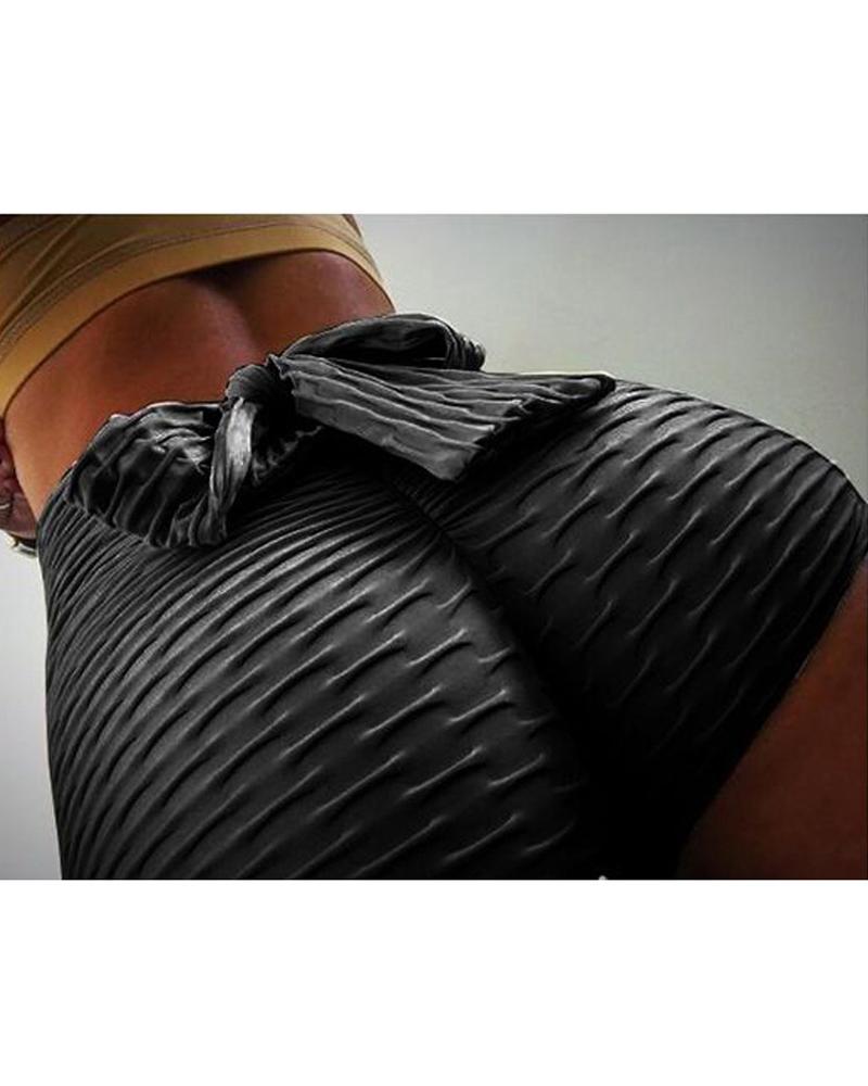 

Textured Tied Back High Waist Scrunch Butt Active Shorts, Black