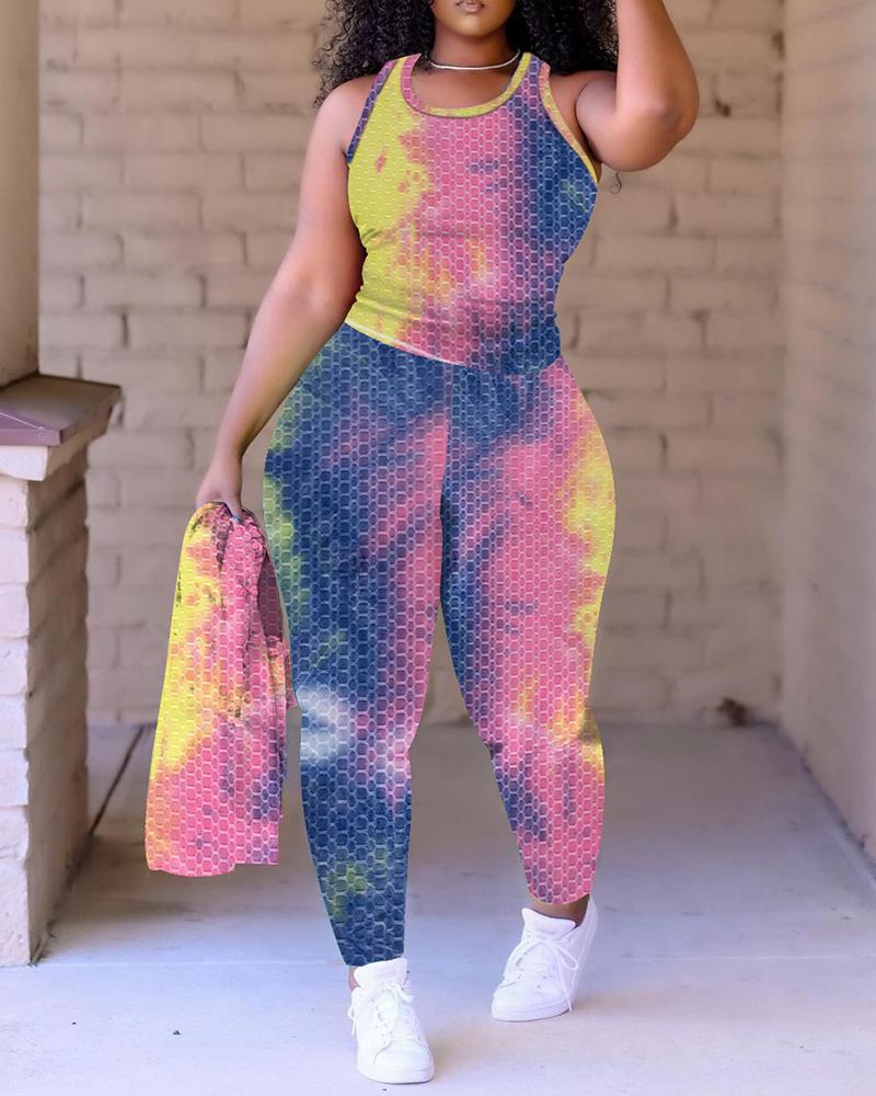 

Tie Dye Print Thick Strap Yoga Top & Pants Sets, Pink