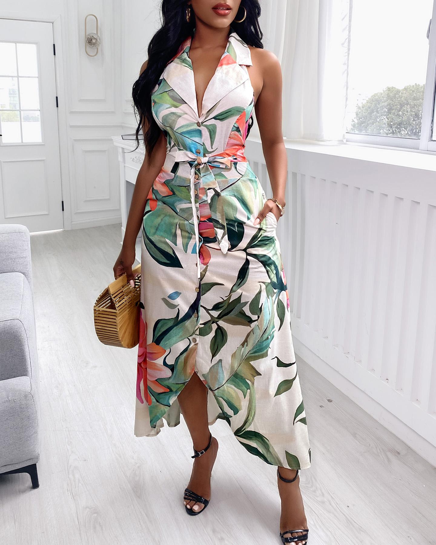 

Floral Print Button Design Halter Backless Maxi Dress, Multicolor