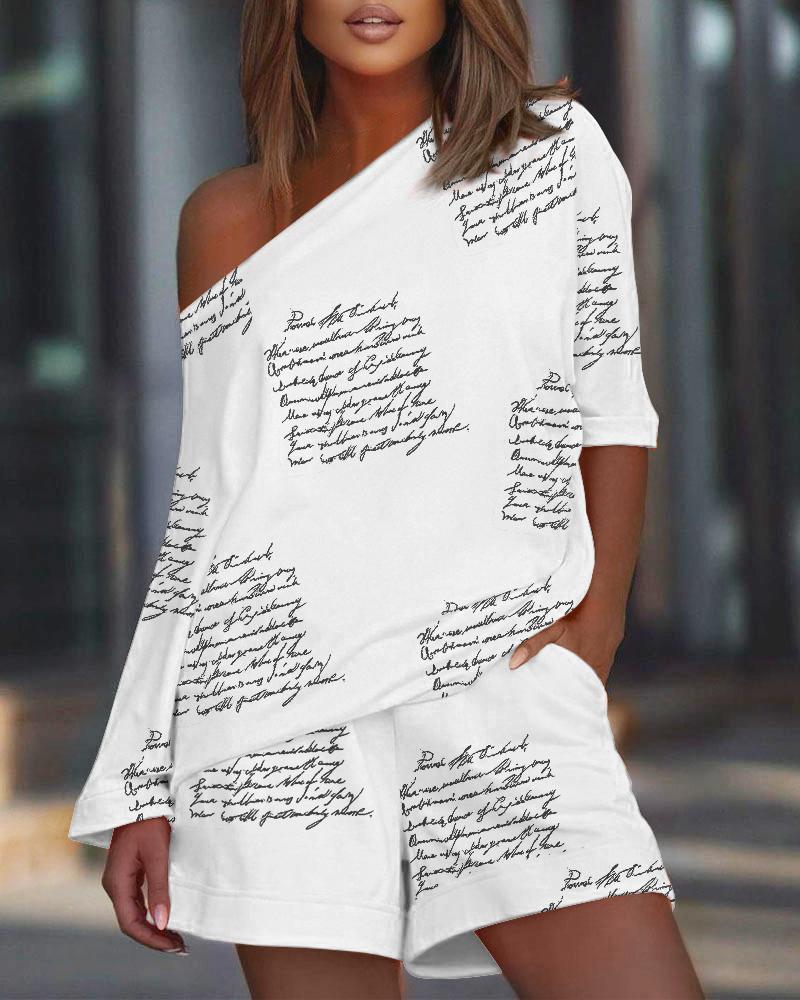 

Letter Print Casual Top & Shorts Set, White
