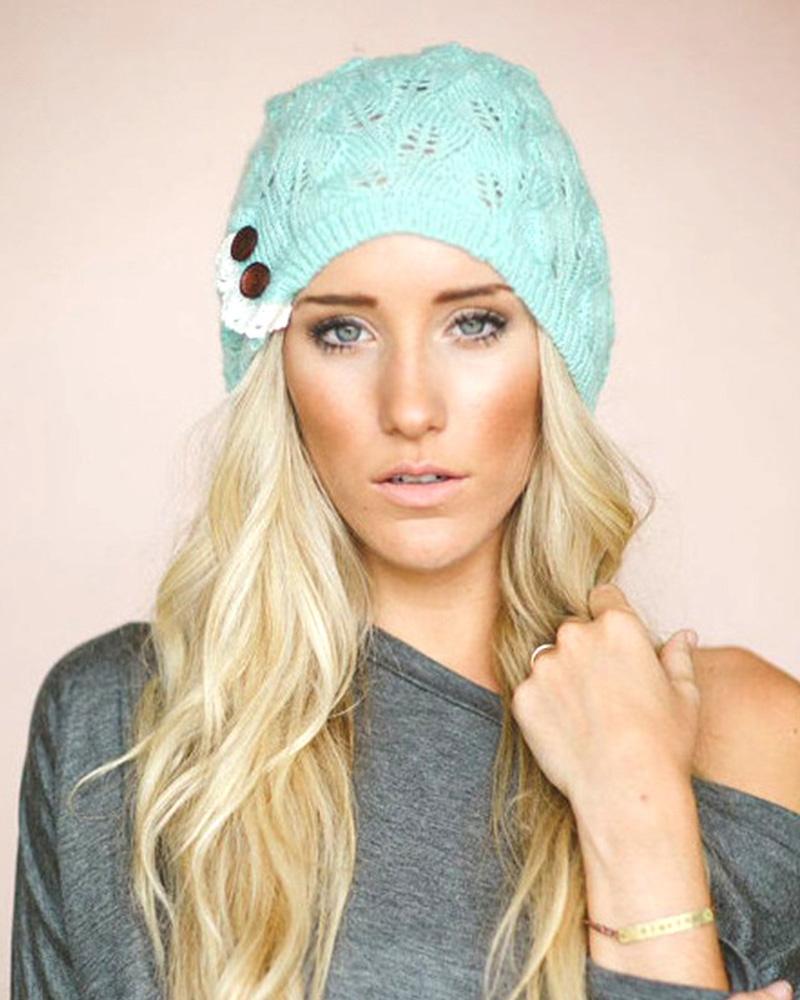 

Button Decor Lace Patch Hollow Out Knit Beret, Blue
