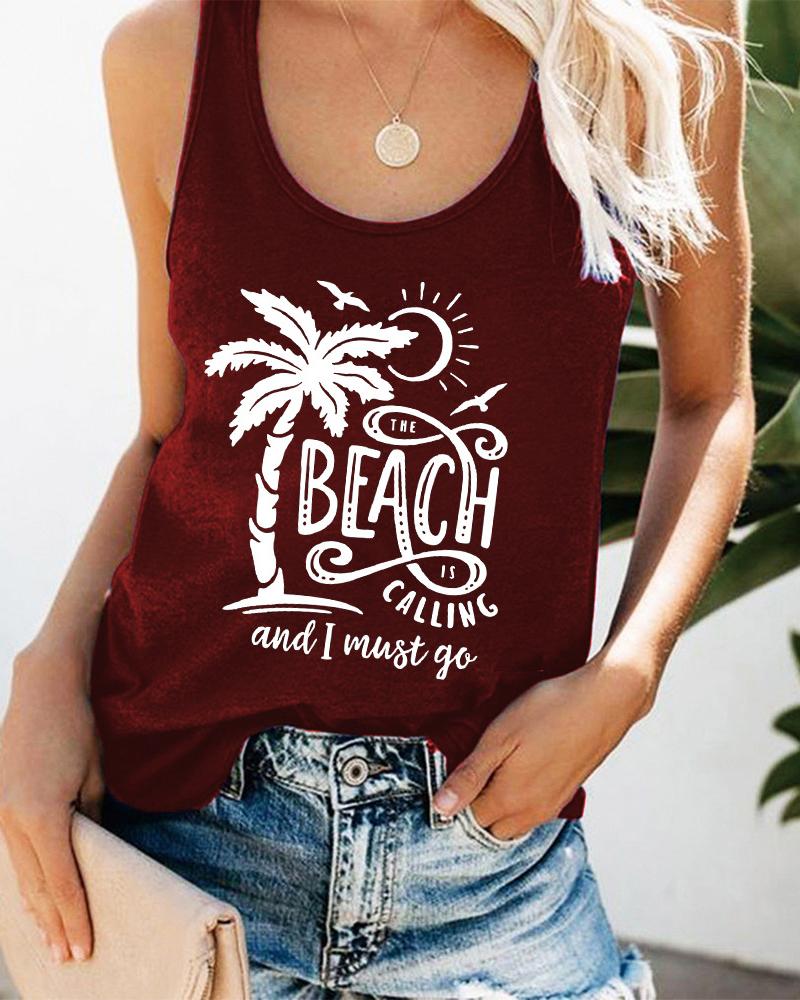 

Coconut Tree Letter Print Graphic Tee Summer Beach Vest Tank Top, Wine red
