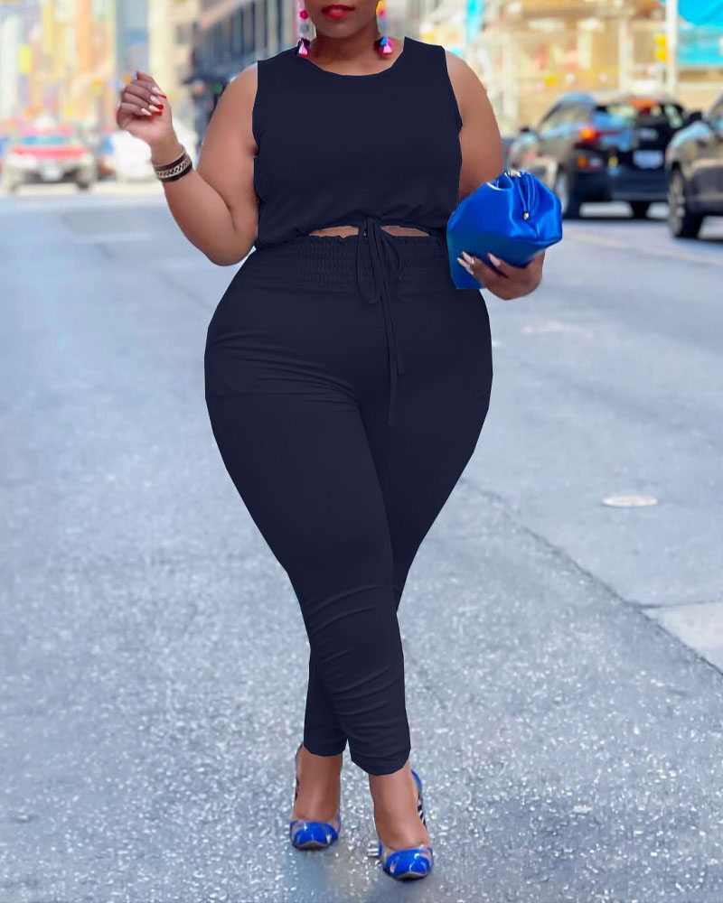 

Plus Size Drawstring Design Crop Tank Top & Pants Set, Black
