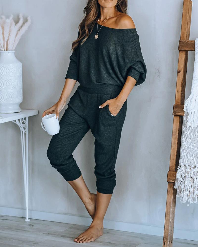 

Long Sleeve Pocket Design Solid Pajamas Set, Dark grey