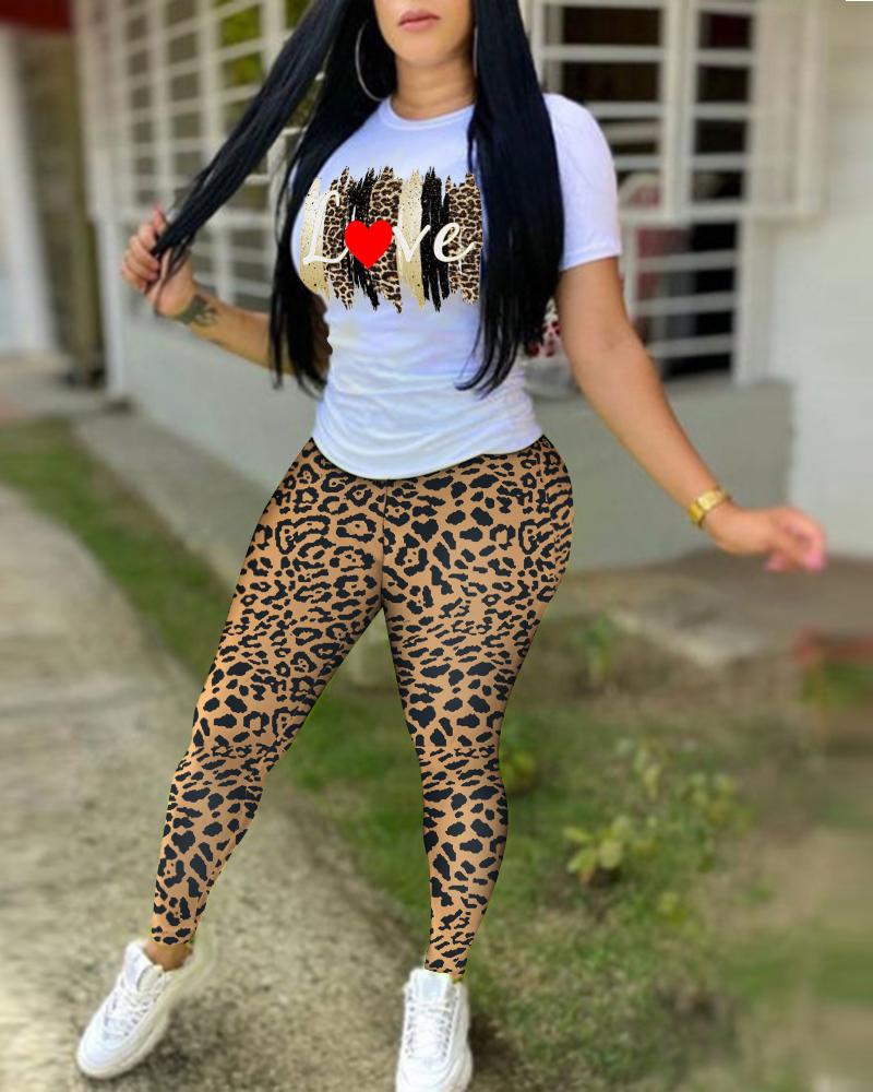 

Heart Letter Print T-shirt & Cheetah Print Pants Set, Leopard
