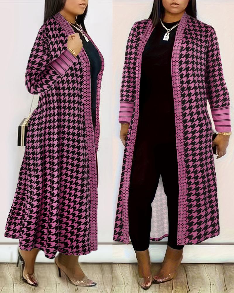 

Plus Size Houndstooth Print Open Front Longline Coat, Hot pink