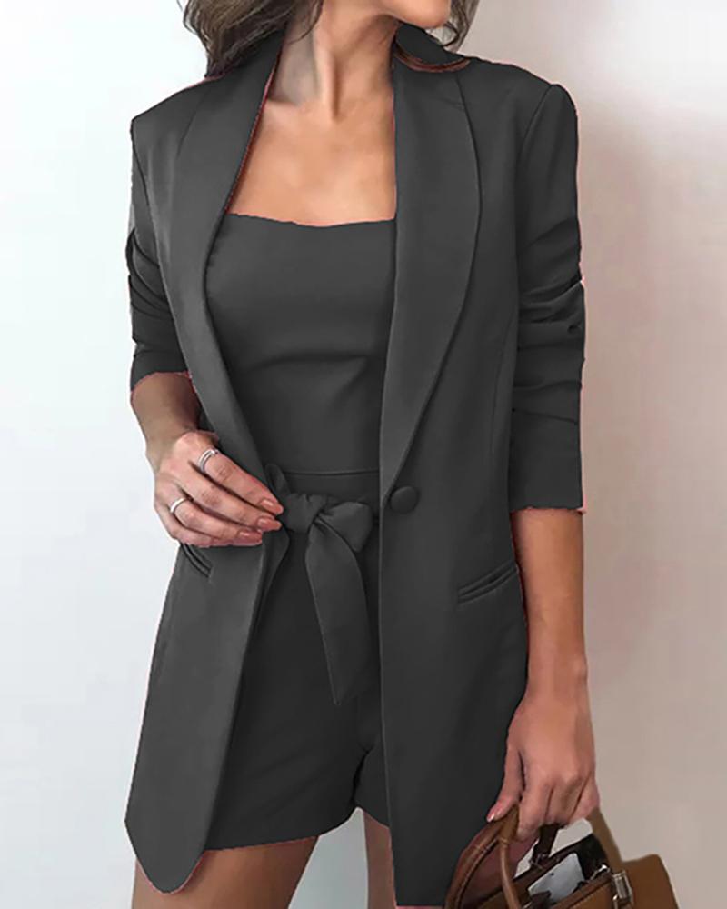 

Solid Top & Button Design Blazer Coat & Shorts Sets, Black