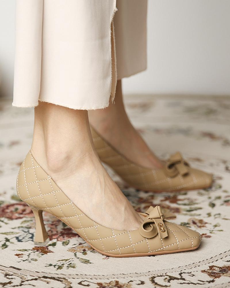 

Square-toe Solid Color Splicing Bow High Heels, Khaki