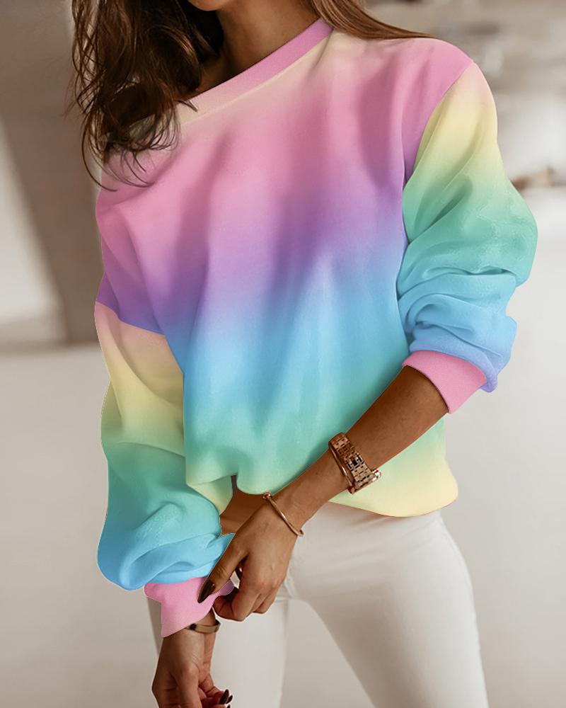 

Long Sleeve Ombre Colorblock Print Sweatshirt, Pink
