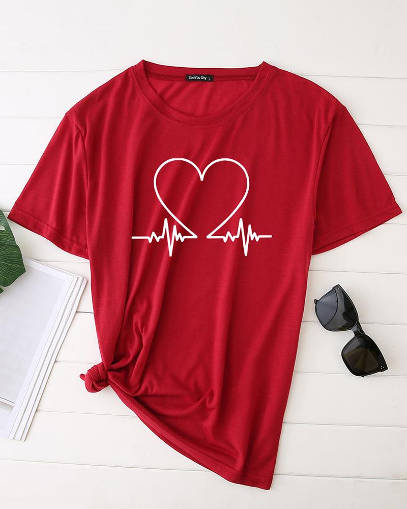 

Valentine's Day Unisex Heart Print Short Sleeve T-shirt, Wine red