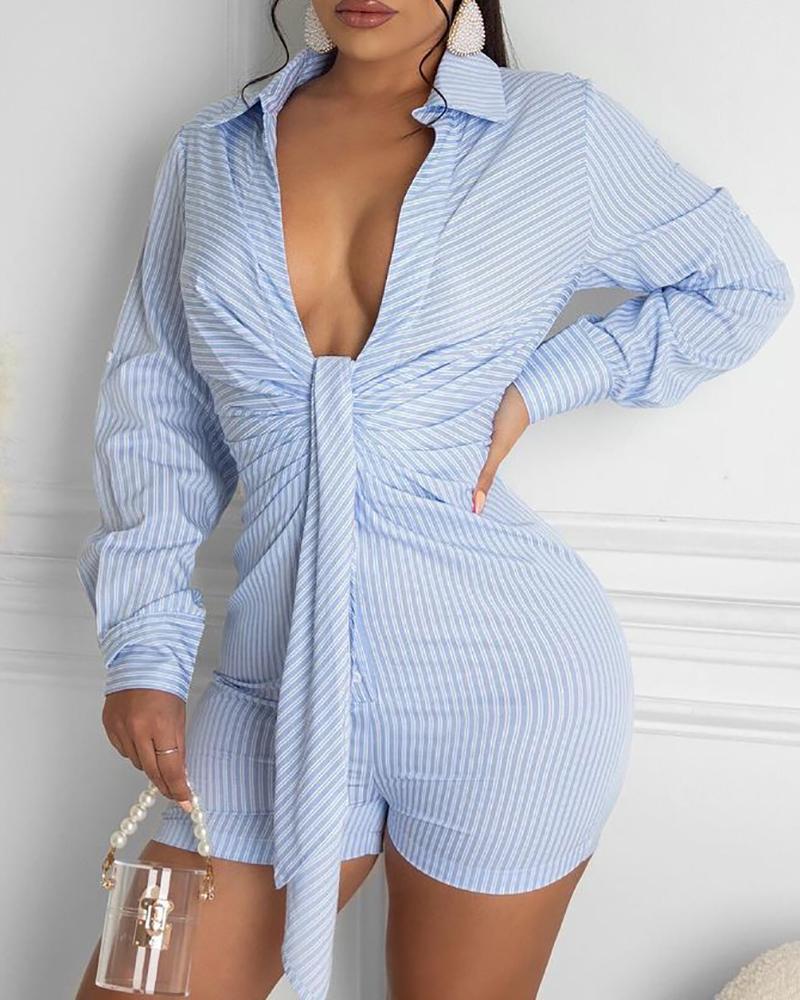 

Tied Detail Ruched Plunge Romper, Blue