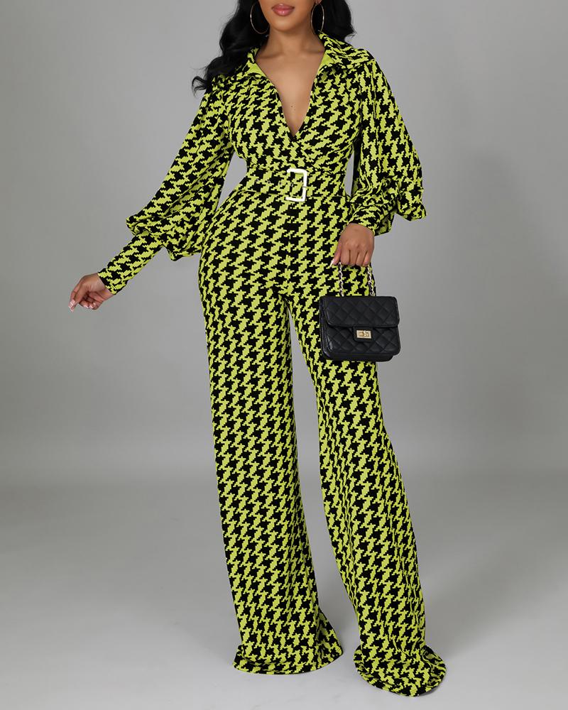 

Lantern Sleeve Houndstooth Print Wide Leg Jumpsuit, Green