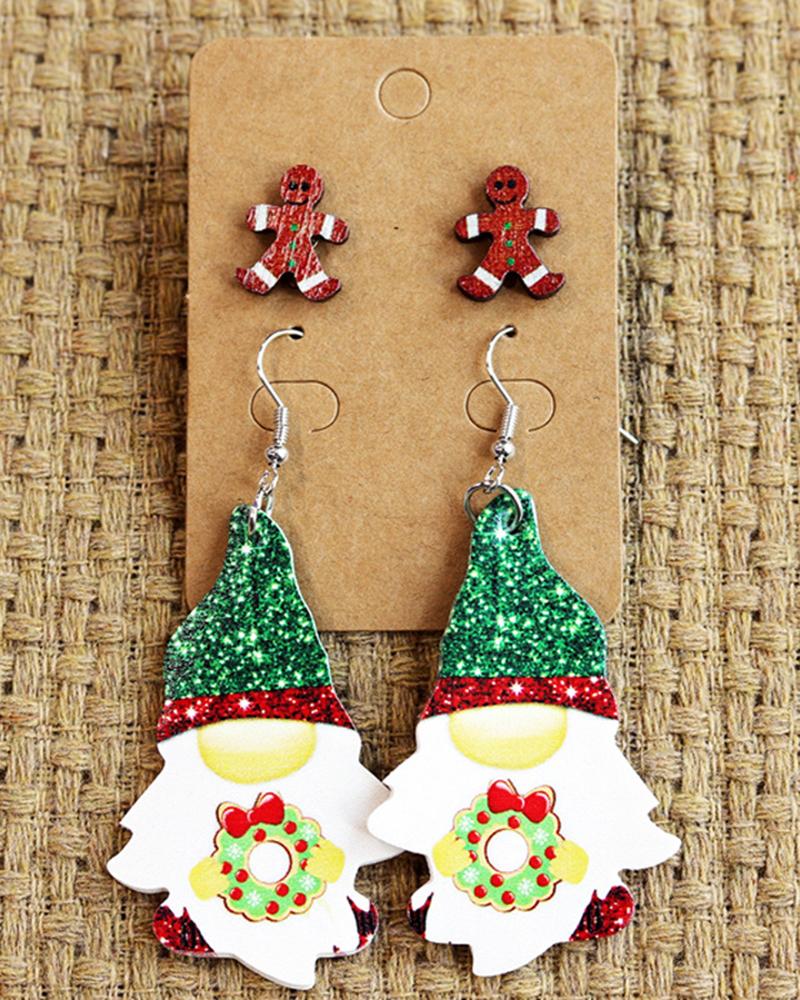 

2Pairs Christmas Gingerbread Man Gnomes Shaped Drop Earrings Set, Green