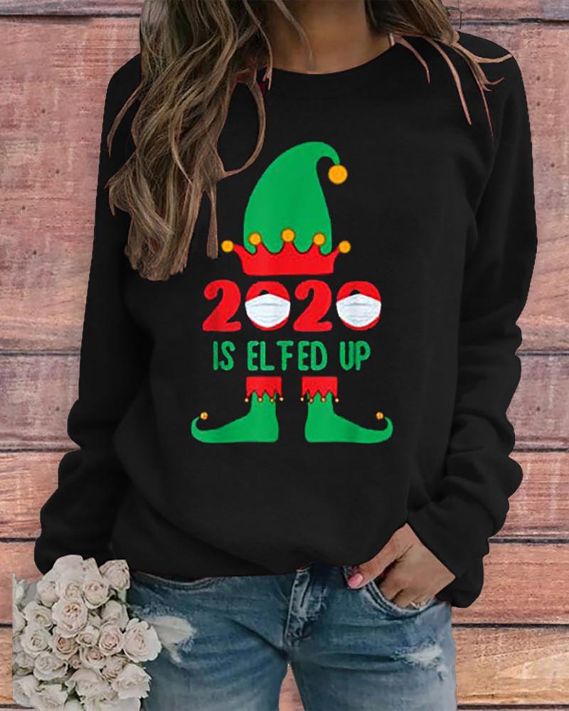 

Christmas Print Long Sleeve Sweatshirt, Black