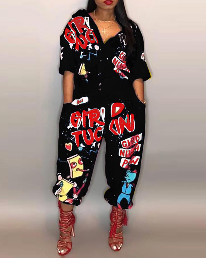 

Cartoon Letter Print Lantern Jumpsuit, Black