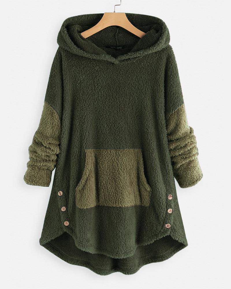 

Patchwork Long Sleeve Button Design Fluffy Hoodie, Dark green