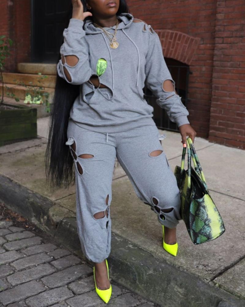 

Hollow Out Hooded Sweatshirt & Pants Set, Gray