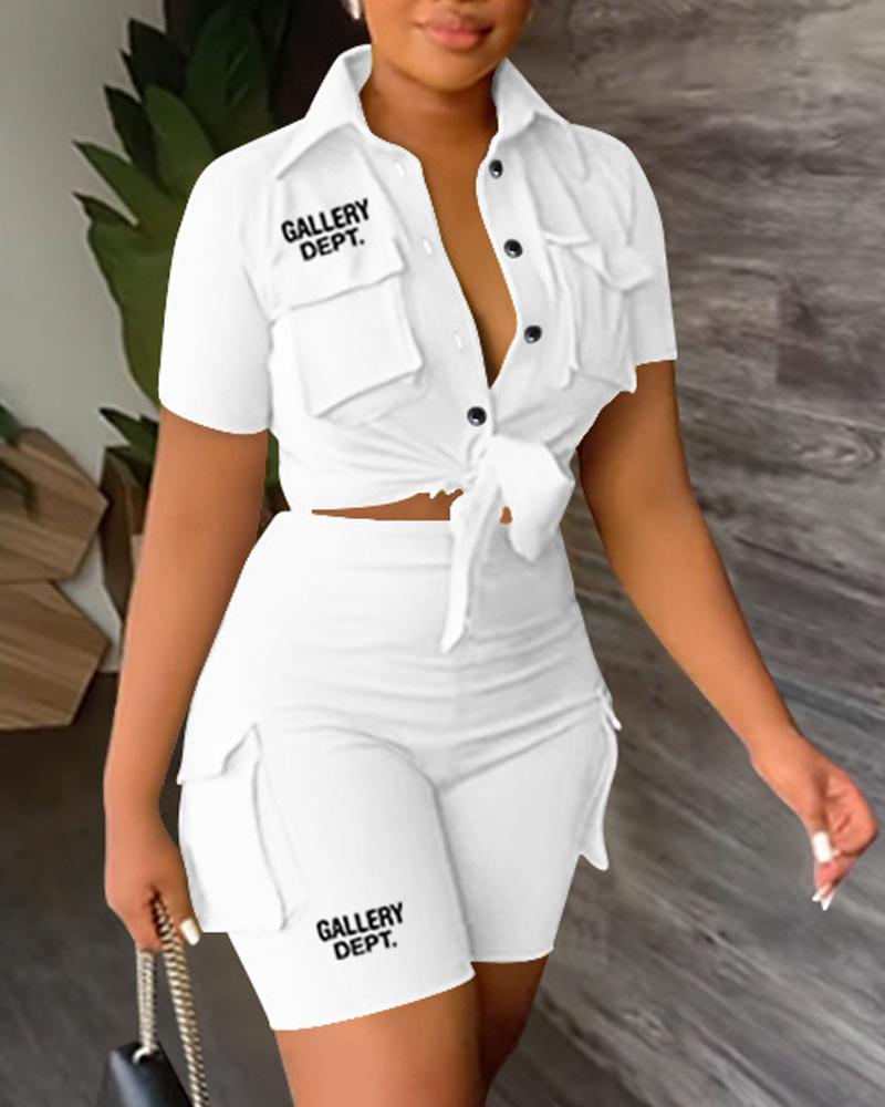 

Letter Print Pocket Design Shirt & High Waist Shorts Set, White