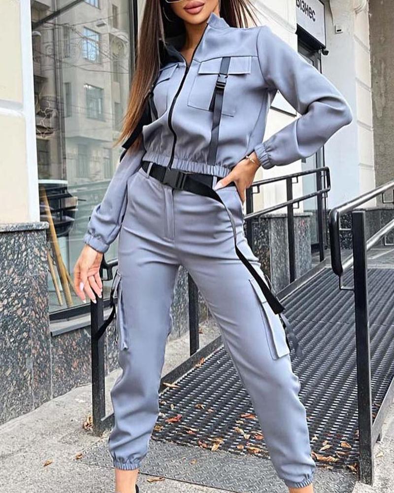 

Long Sleeve Zipper Coat & Pocket Design Pants Set With Belt, Gray