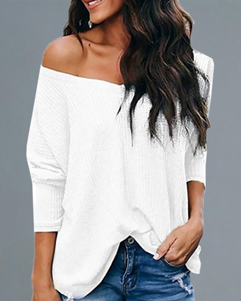 

Solid V Neck Long Sleeve Loose Blouse, White
