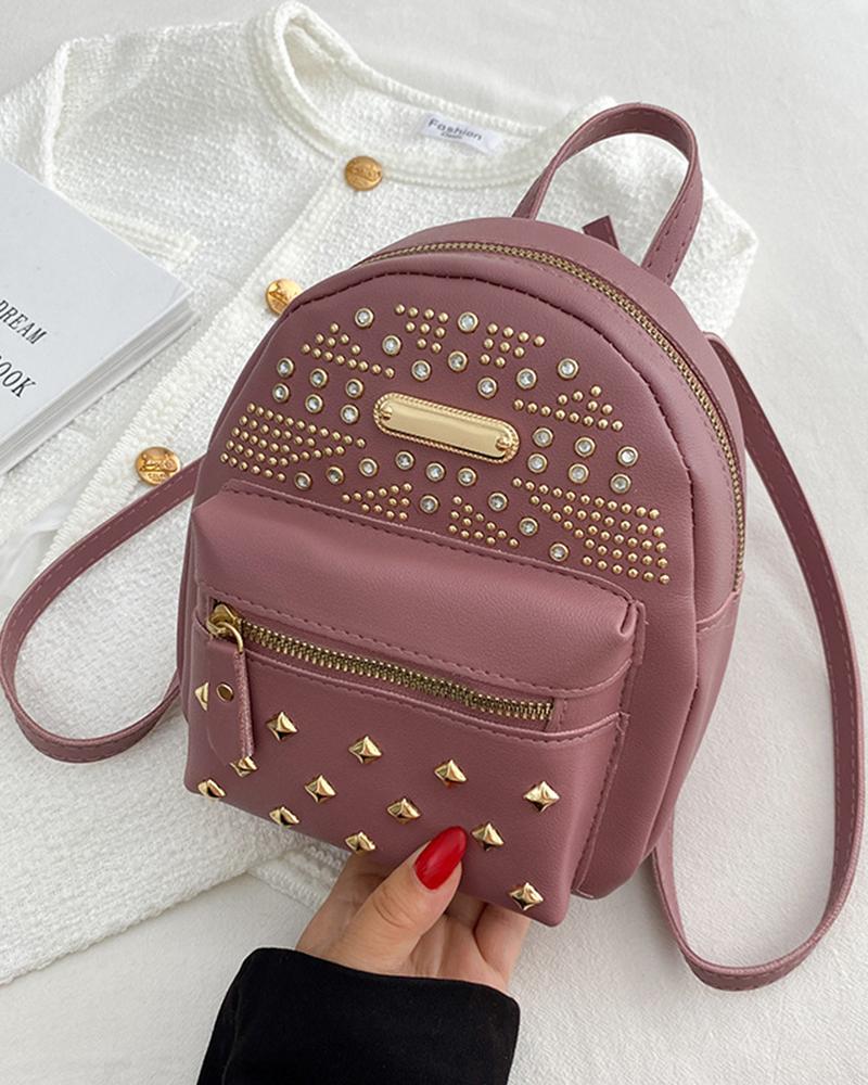 

Studded Rhinestone Decor Zipper Design Backpack Trendy School Bag, Purple