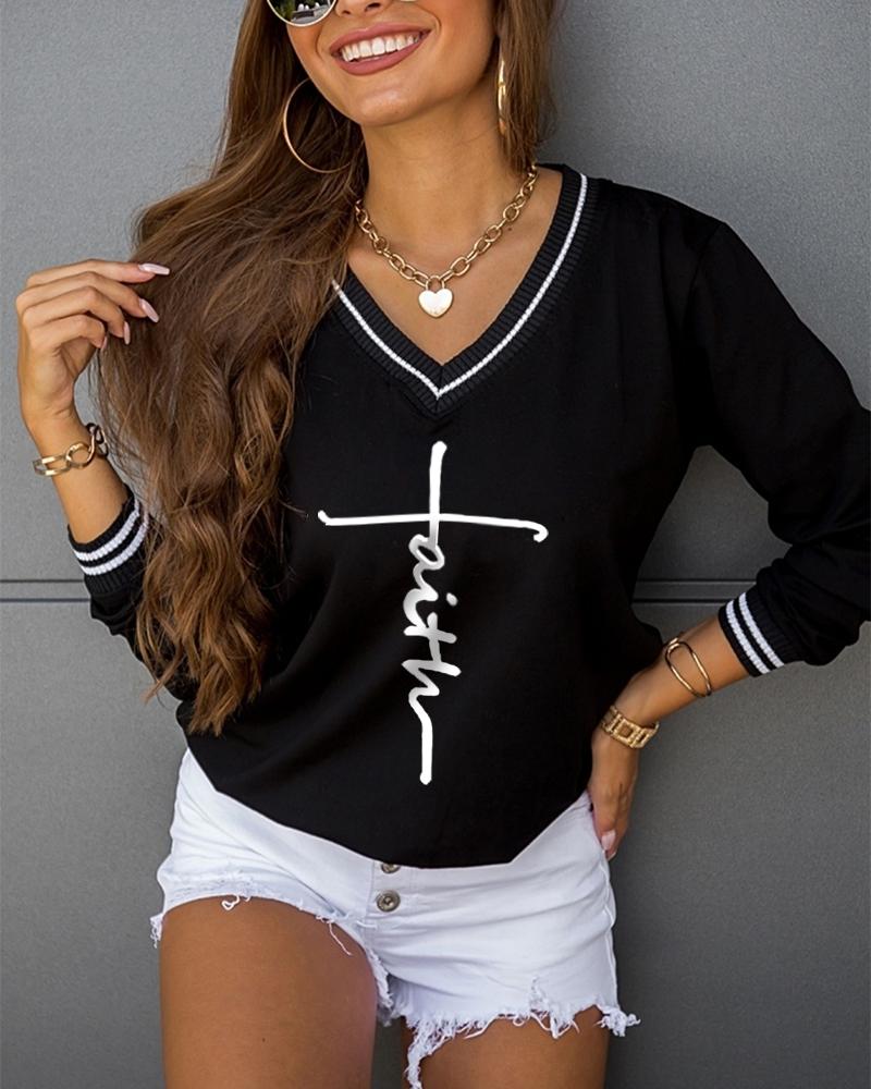

Letter Print V-Neck Long Sleeve Sweatshirt, Black