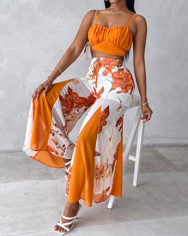 

Ruched Cami Top & Floral Print Drawstring Wide Leg Pants Set, Orange