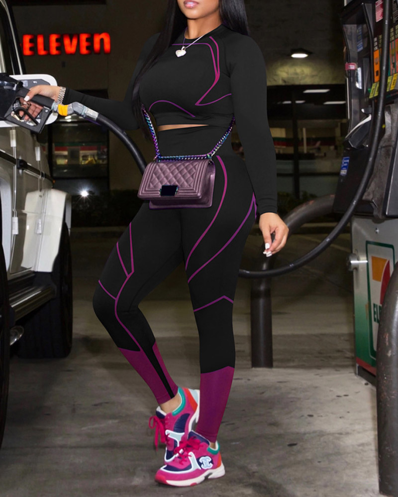 

Contrast Paneled Crop Top & High Waist Leggings Set, Black