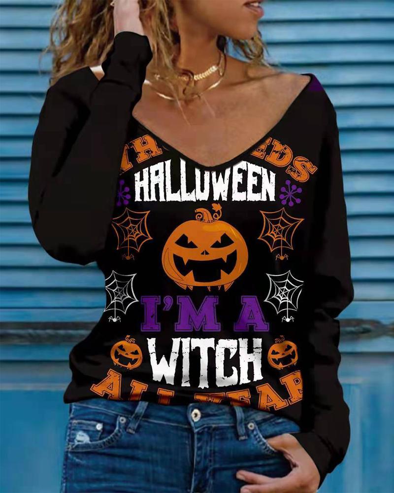 

Halloween Pumpkin Graphic Letter Print Long Sleeve Top, Black