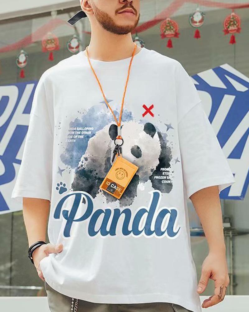 

Panda Patterns Print Short Sleeve Loose T-shirts, White