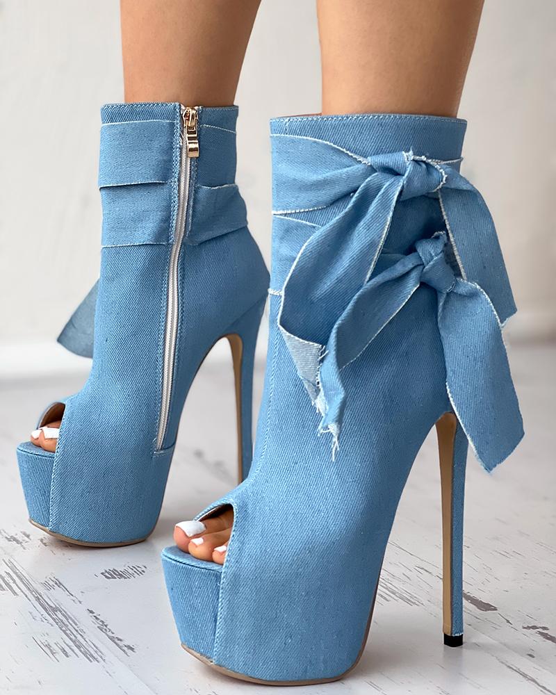 

Side Zip Platform Denim Stiletto Heel Boots, Blue