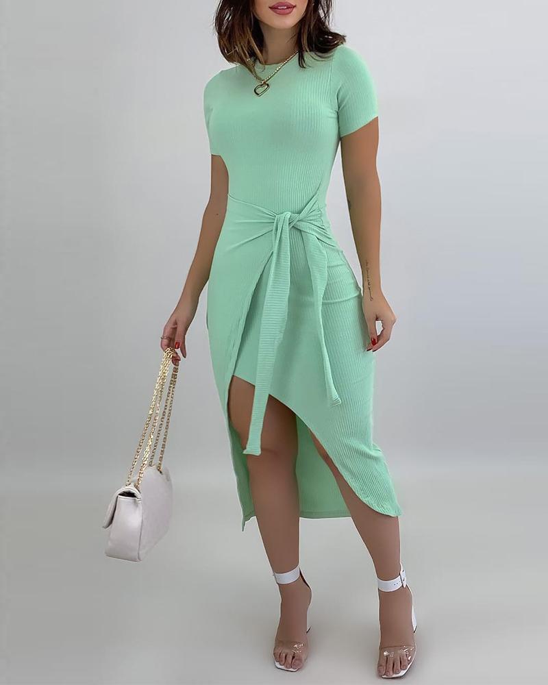 

Tie Front Ribbed Bodycon Dress, Green