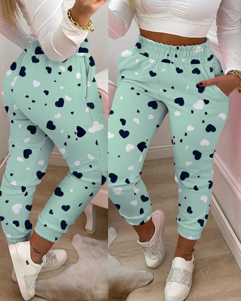 

Heart Print Shirring Waist Pocket Design Casual Pants, Green