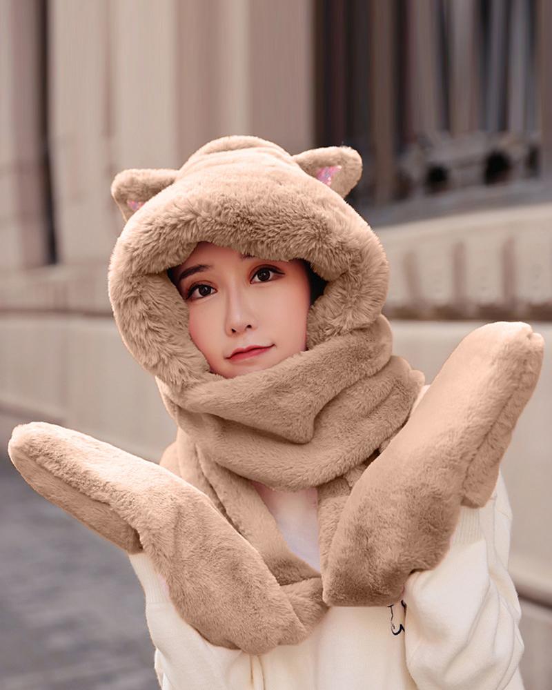 

3D Ear Fluffy 3 In 1 Hat With Scarf & Gloves, Khaki