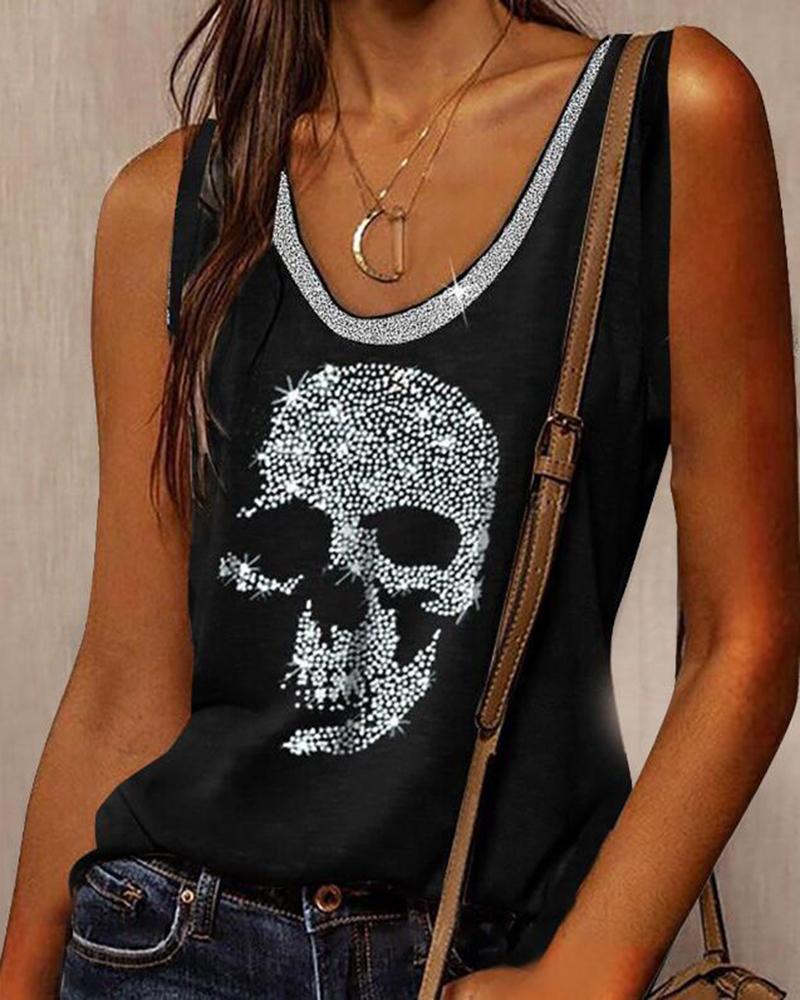 

Skull Pattern V-Neck Tank Top, Black