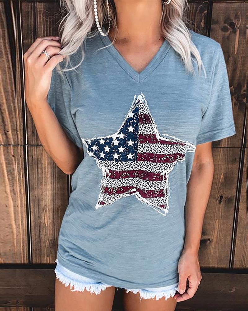 

Star Flag Pattern Print Short Sleeve T-shirt, Blue