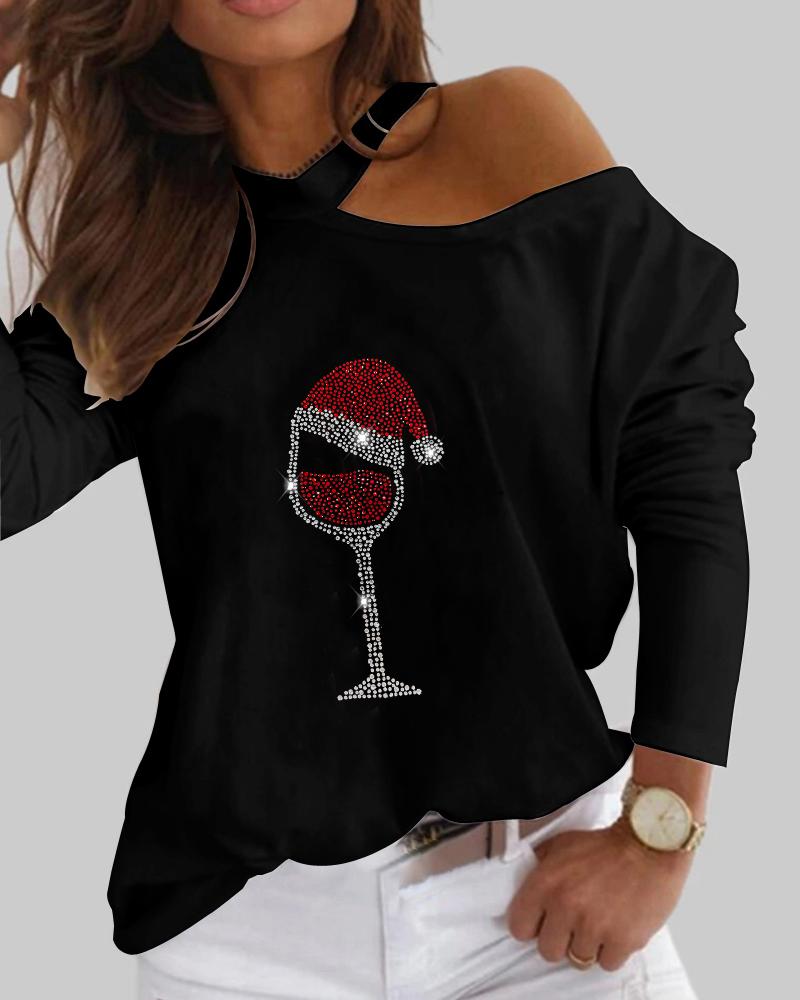 

Christmas Wine Glass Print Cold Shoulder Top, Black