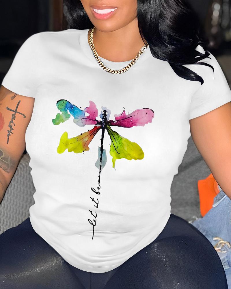

Dragonfly Letter Print O-Neck Casual T-Shirt, White