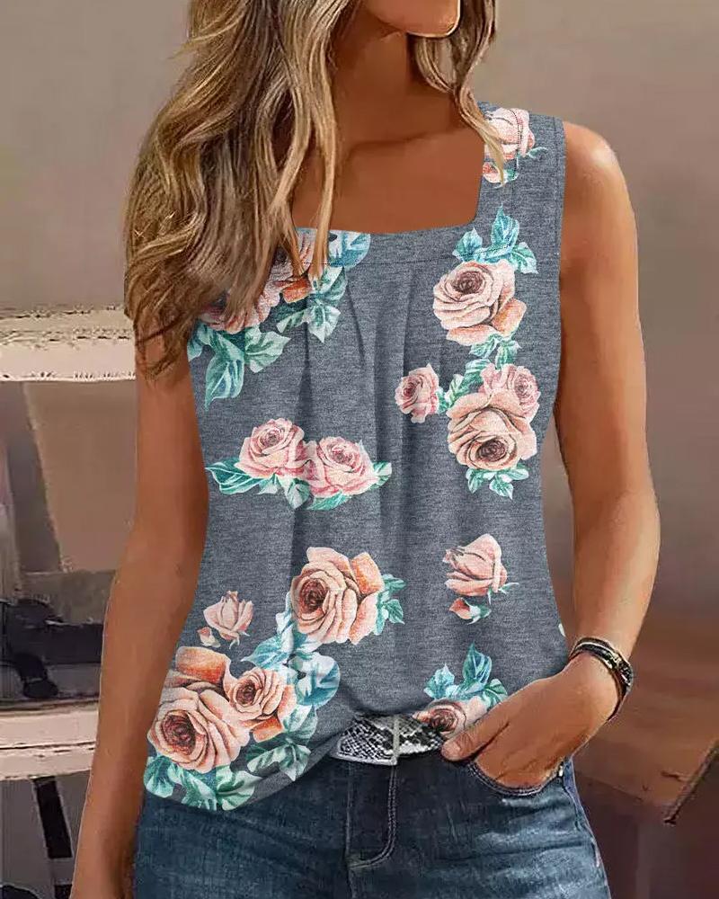 

Floral Print Square Neck Ruched Tank Top, Gray