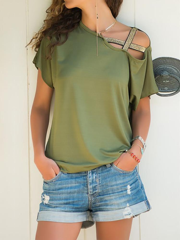 

Solid Crisscross One Shoulder T-Shirt, Army green