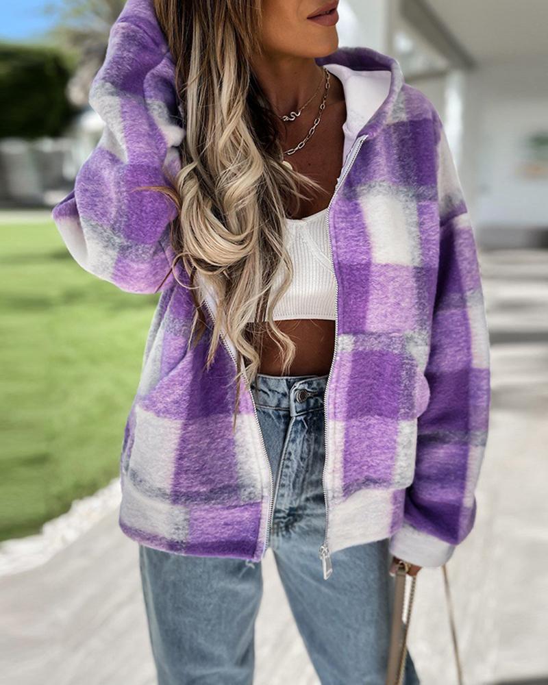 

Plaid Print Long Sleeve Hooded Zipper Up Coat, Purple