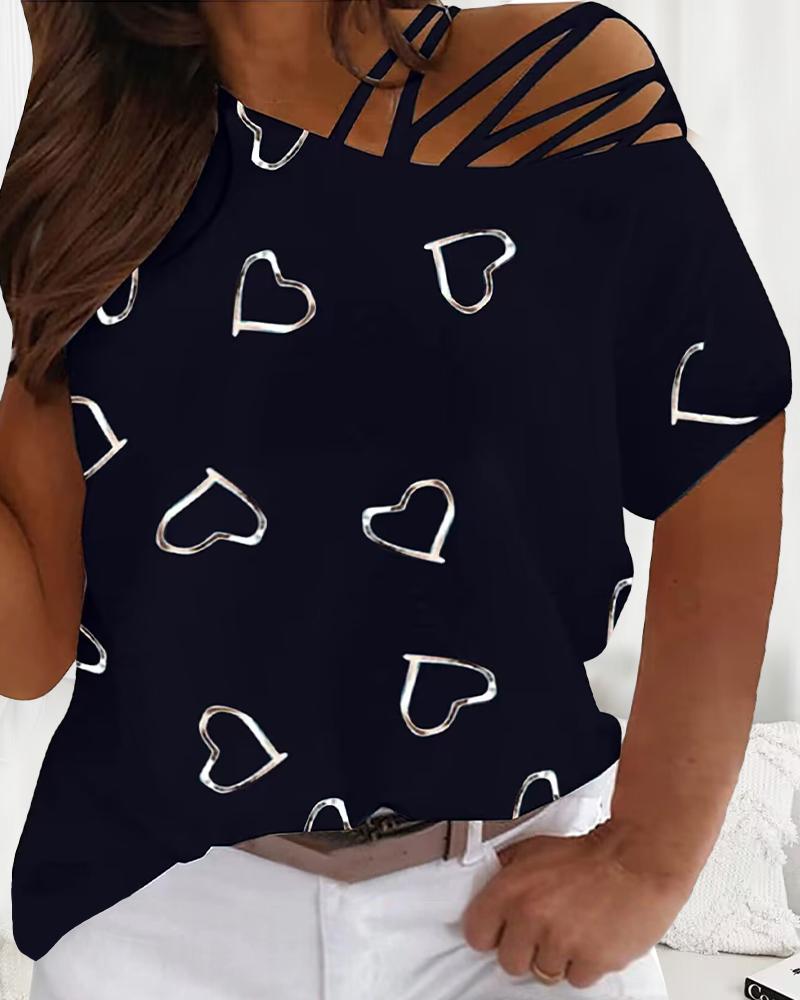 

Plus Size Heart Print Cold Shoulder Top, Black