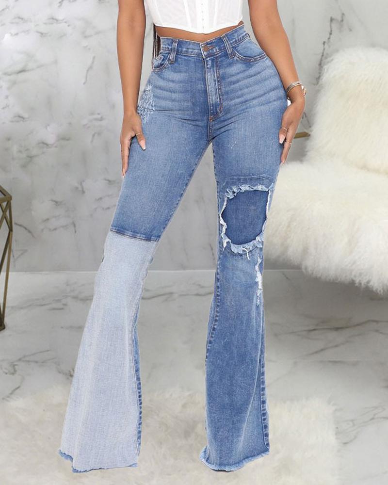 

Zipper Fly Washed Ripped Raw Hem Flare Leg Jeans, Blue