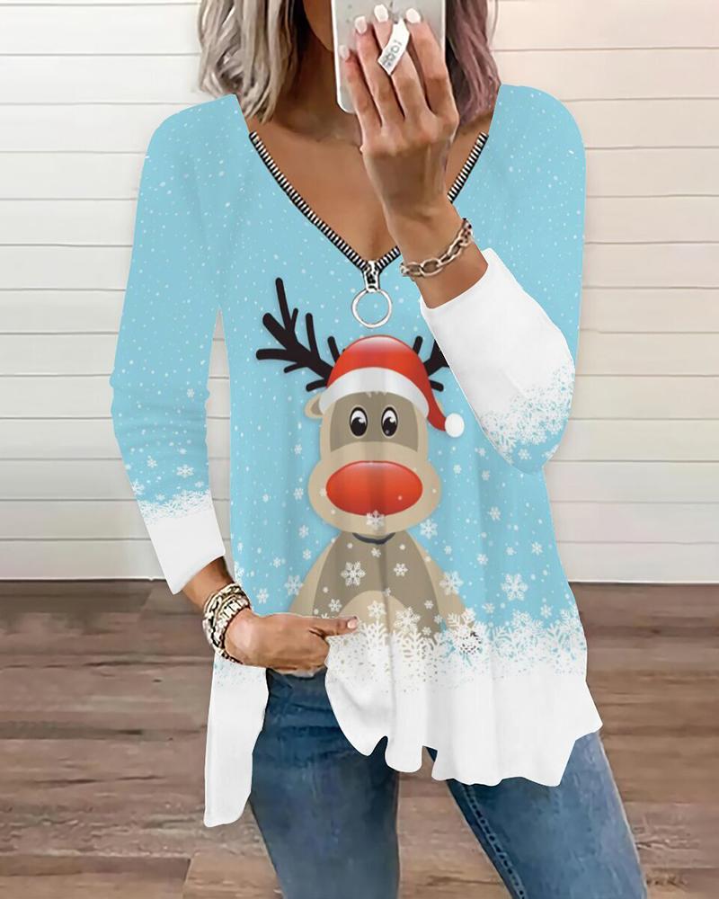 

Christmas Elk Graphic Print Zipper Design Top, Lighted blue