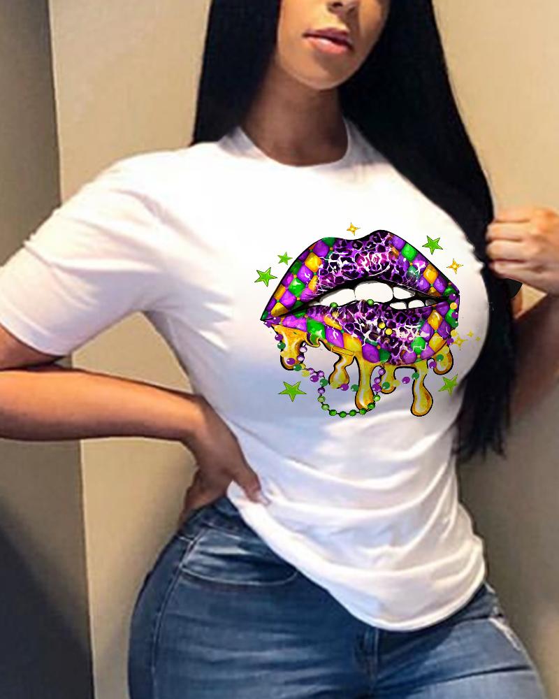 

Mardi Gras Lip Print Casual T-shirt, White