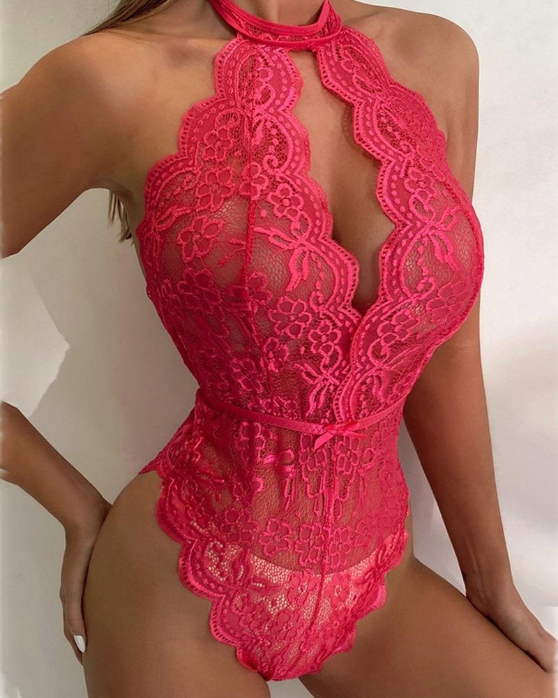 

Halter Backless Scallop Trim Lace Teddy, Pink