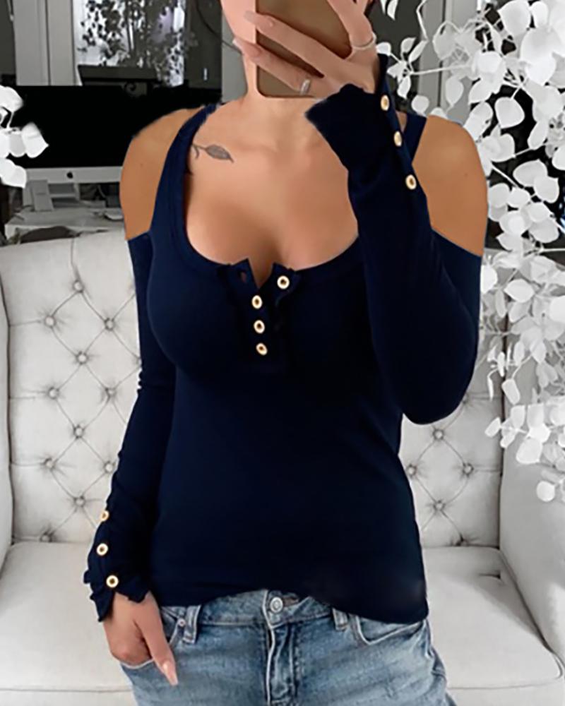 

Solid Cold Shoulder Buttoned Blouse, Dark blue