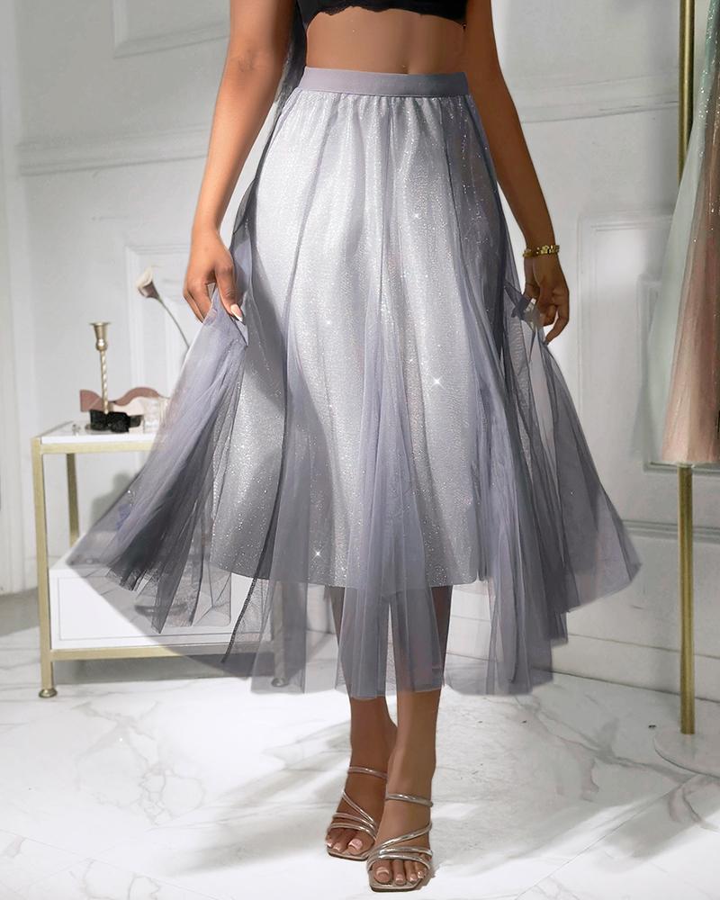 

Falda de talle alto en forma de A con parche de malla transparente, Gray