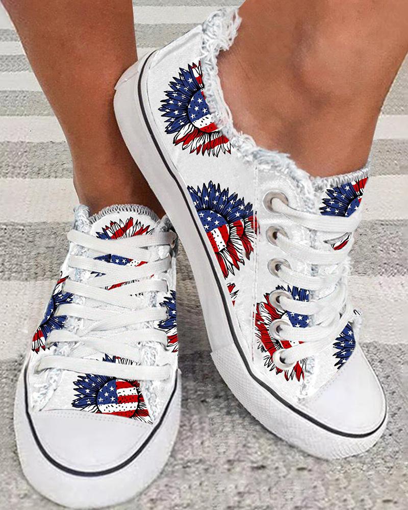 

Independence Day Flag Sunflower Print Raw Hem Sneakers, Blue&red